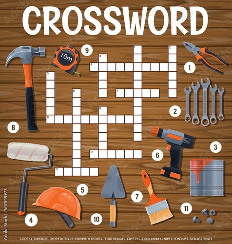 Builder tools crossword grid, find word quiz game, vector worksheet riddle. Crossword puzzle to guess words of carpentry power drill, construction trowel and woodwork wrench with bolt and wire cutter