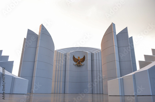 Garuda symbol on the West Java struggle monument. Indonesia's national symbol and motto, Bhinneka Tunggal Ika (Unity in Diversity). clipping path photo