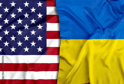 US flag together with Ukrainian flag in a single picture, blending one into the other.