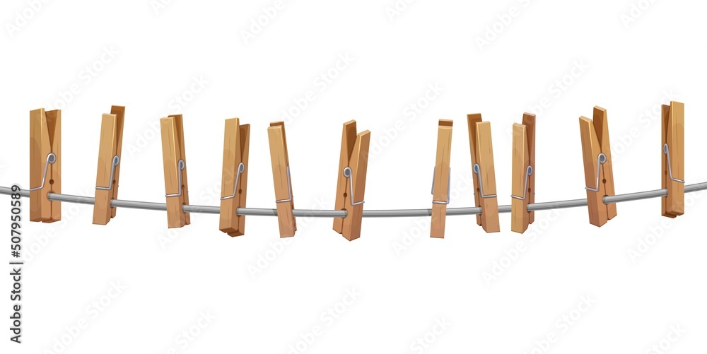 Clothespins, pegs on laundry rope, clothesline string with hanging