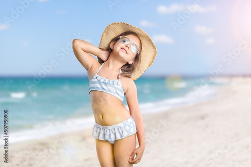 Funny kid girl playing outdoor surprised emotional child, family vacations