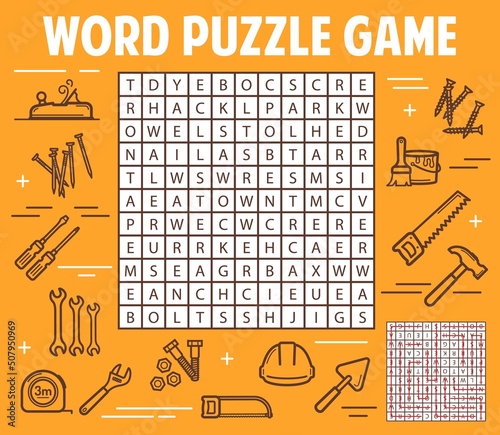 DIY and construction tools word search puzzle game worksheet. Child quiz grid, logical puzzle or children game with thin line vector construction equipment. Finding words kids educational riddle