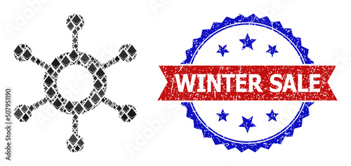 Vector ethereum mosaic central connection icon, and bicolor scratched Winter Sale stamp. Red round seal contains Winter Sale text inside circle. Central connection collage is designed from gem parts.