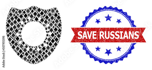 Vector gem mosaic antivirus protection icon, and bicolor scratched Save Russians watermark. Red round seal contains Save Russians text inside circle.