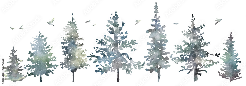Watercolor hand drawn forest set with delicate illustration of coniferous trees spruce, fir, pine, foggy landscapes, silhouette of birds. Elements isolated on a white background. Woodland collection - obrazy, fototapety, plakaty 