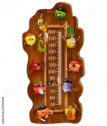 Kids height chart. Cartoon pirates and corsair fruits, vector growth meter. Kids height measure scale with pineapple, orange and banana, plum, pear, watermelon and garnett in tricorne hats