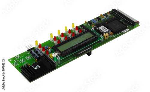 Platine mit Prozessor, Speicher, LEDS, LCD-Display, Kabelbus, Kühler und und Elektronik-Bauteilen