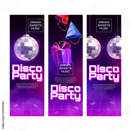 Disco party posters. Invitation flyers for celebration happy birthday or holiday in night club. Vector banners with cartoon illustration of gift box, party hats and disco ball