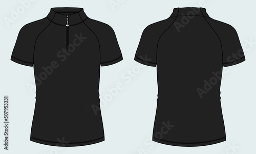 Men's short sleeve cycling jersey with short zip Vector Illustration template front and back view. Easy edit and customizable. Technical sketch mandarin Stand Up Collar Black Color Soccer mock up CAD
