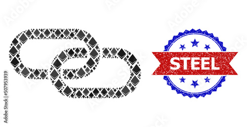 Vector gem collage chain element icon, and bicolor grunge Steel seal stamp. Red round seal contains Steel title inside circle. Chain element collage is created of ethereum items.