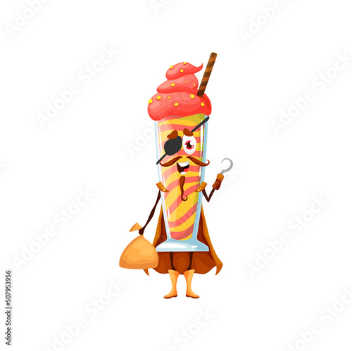 Cartoon ice cream pirate character. Vector sweet dessert in cup corsair food personage for kids menu. Icecream wear cape, hand hook and eye patch holding loot in sack. Funny filibuster cafe dessert