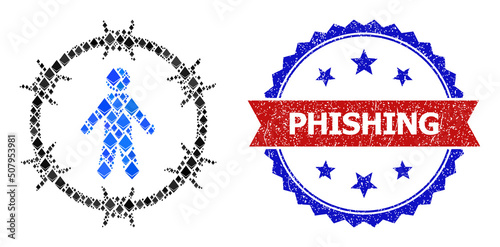 Vector brilliant mosaic arrested man icon, and bicolor rubber Phishing seal stamp. Red round stamp includes Phishing caption inside circle. Arrested man mosaic is organized from ethereum elements.