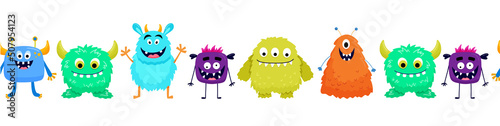 Seamless border with cute colorful monsters. Funny cool cartoon fluffy monster, aliens or fantasy animals for childish cards and books. Vector endless border on white background.