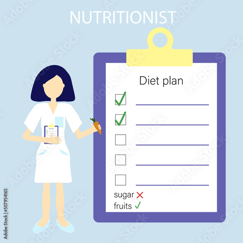 Vector illustration of a female doctor nutritionist, illustration in very peri color. Healthy lifestyle plan.
