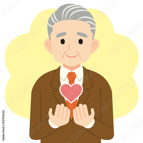 ハートを持つスーツのシニア男性＿線なし