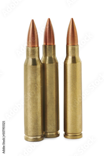 Photo Three bullets on white background. Military ammunition
