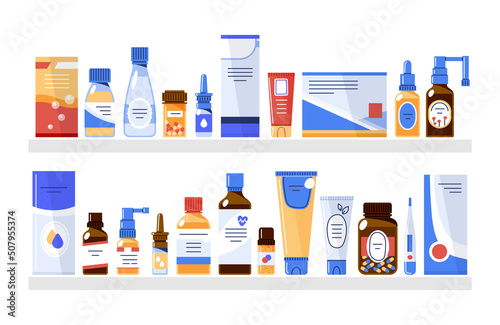 Different medicine products in the pharmacy store on the shelves.Flat vector