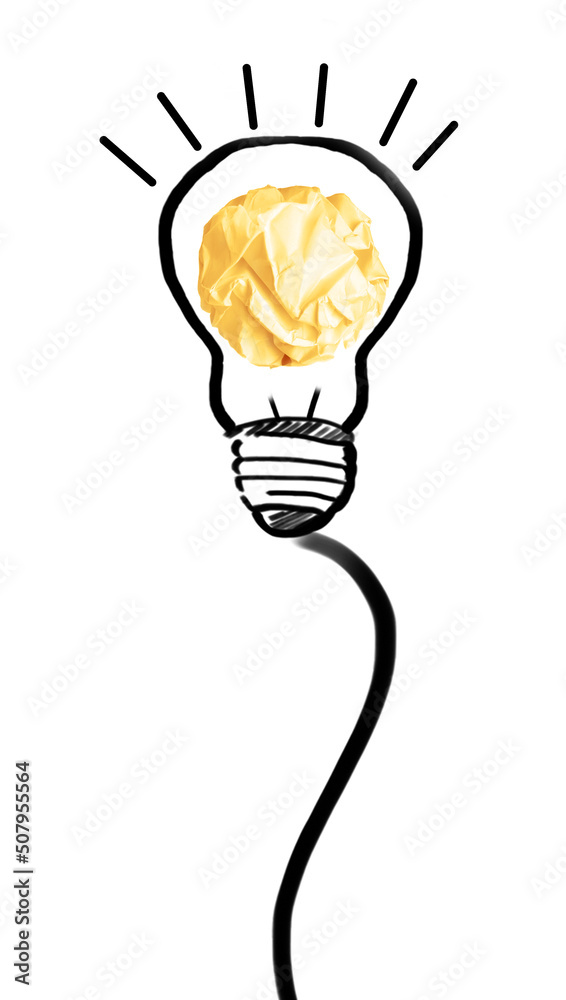 Yellow crumpled paper ball and drawn lamp bulb on white background Yellow crumpled paper ball and drawn lamp bulb on white background