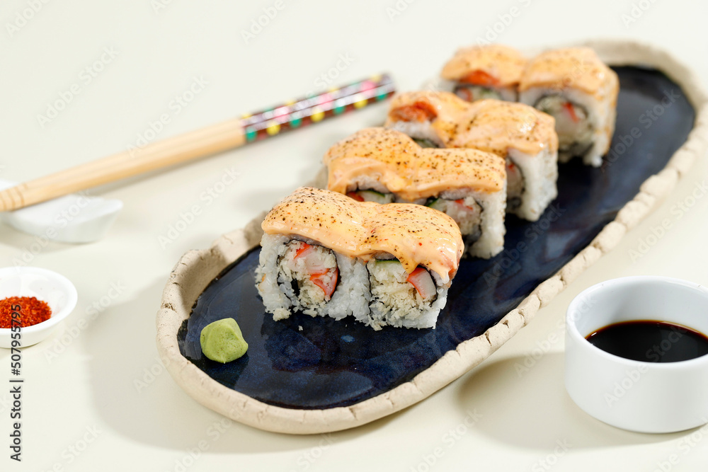 Japanese Food Salmon Mentai Sushi Roll with Crab Stick Japanese Food Salmon Mentai Sushi Roll with Crab Stick