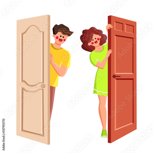 Man And Woman Looks Out Of Door Together Vector. Boy And Girl Neighbours Looking Out Of Door At Corridor From Apartment Or Home Room. Happiness Characters Flat Cartoon Illustration