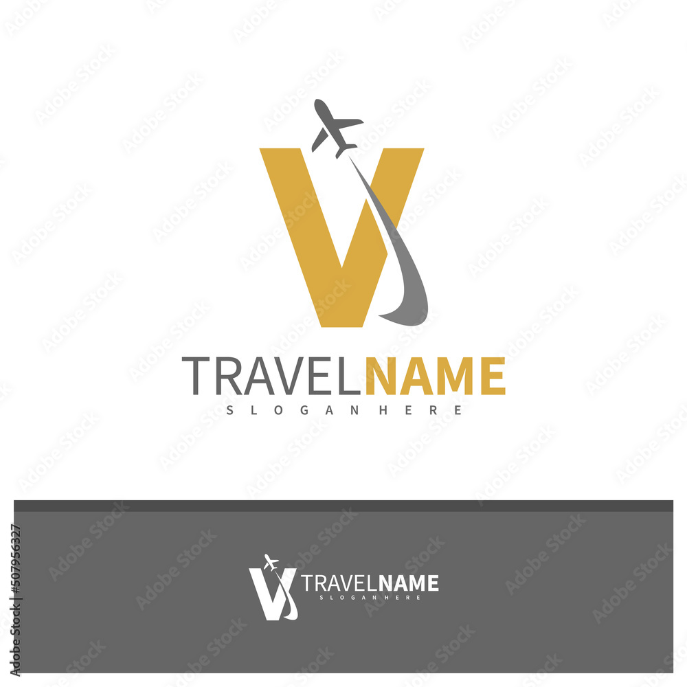 Airplane with Letter V logo design vector, Creative Travel logo concepts template illustration.