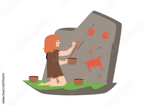 Kid character in skin of animal paints on rock by hand flat style