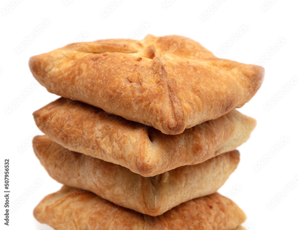 Patties with potatoes on a white background.