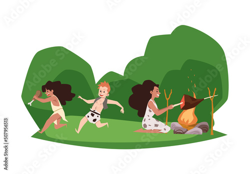 Stone age kids run with food while mother grilling animal bone, flat vector illustration isolated on white background.