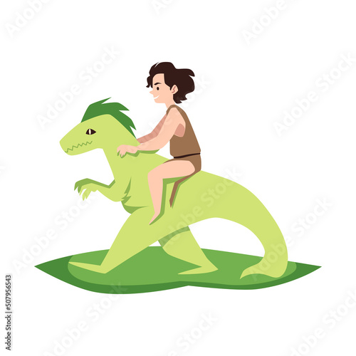 Prehistoric stone age hunter riding on dinosaurs, vector illustration isolated.