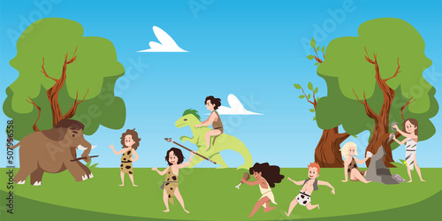 Stone age kids running and hunting mammoth with spear, nature landscape, flat vector illustration.