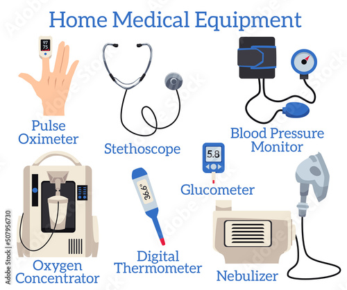 Set of home medical equipment with titles flat style