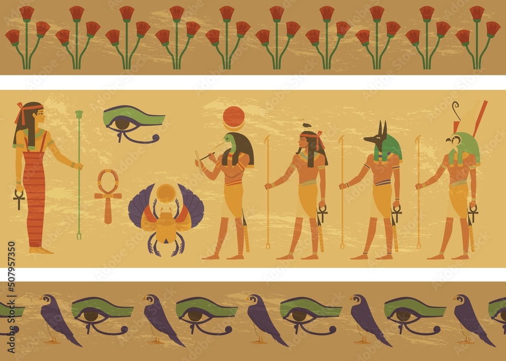 Papyrus with image of Egypt gods, ankh and scarab flat style Stock