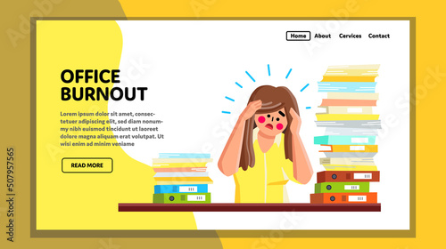 Office Burnout For Research Documentation Vector. Stressed Woman Manager Overworking With Document For Finishing Project Deadline, Office Burnout And Workload. Character Web Flat Cartoon Illustration