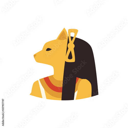 Bastet Egyptian goddess with cat face, flat vector illustration isolated on white background.