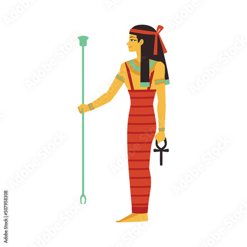 Woman Egypt god character with stick and ankh flat style