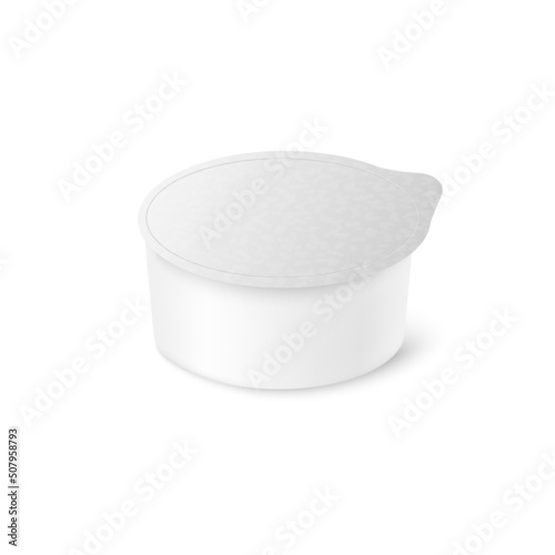 Plastic food container with closed foil, realistic 3d vector illustration isolated on white background.