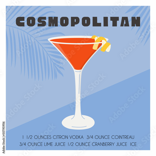 Cosmopolitan Cocktail in martini glass garnished with lemon twist. Summer aperitif recipe. Retro minimalist square print. Card with alcoholic beverage with tropical palm shadow. Vector illustration.