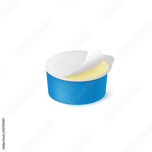 Open can of cream cheese or butter, realistic 3d vector illustration isolated on white background.