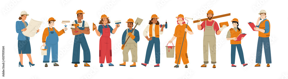 Builders and construction workers in helmets. Vector flat illustration of diverse people working in building industry, men and women architect, painter, engineers and repairman Builders and construction workers in helmets. Vector flat illustration of diverse people working in building industry, men and women architect, painter, engineers and repairman