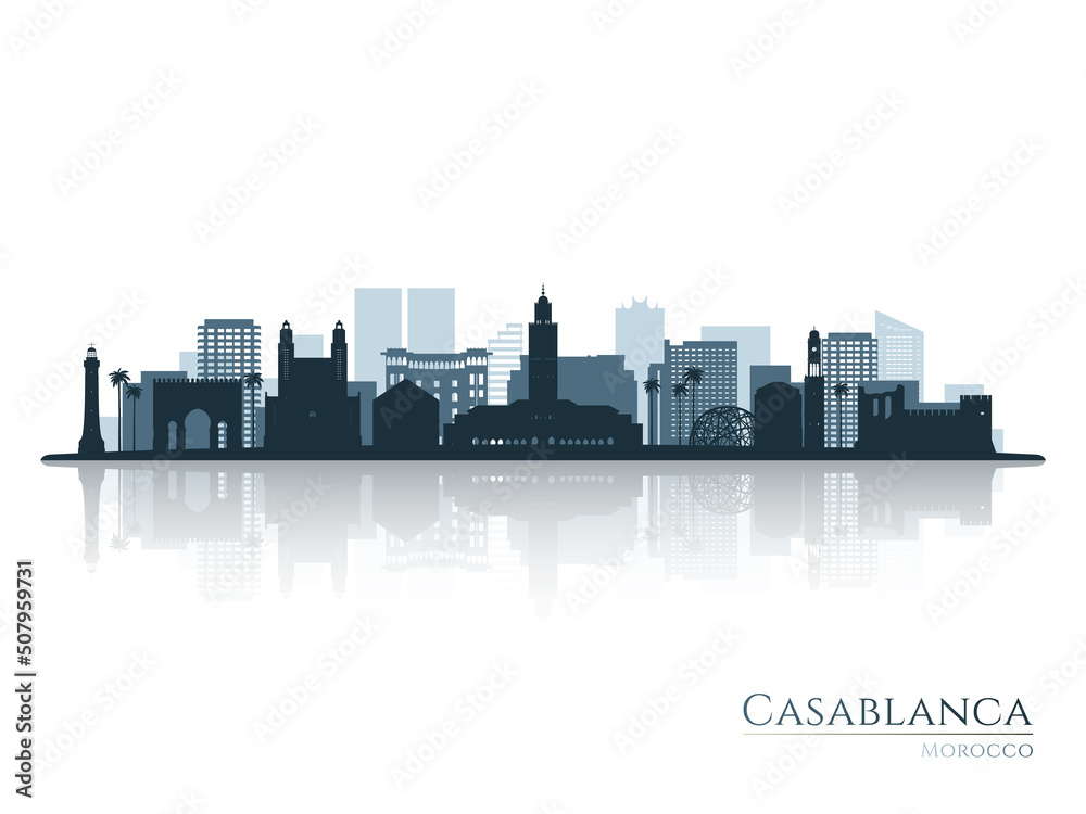 Casablanca skyline silhouette with reflection. Landscape Casablanca, Morocco. Vector illustration.