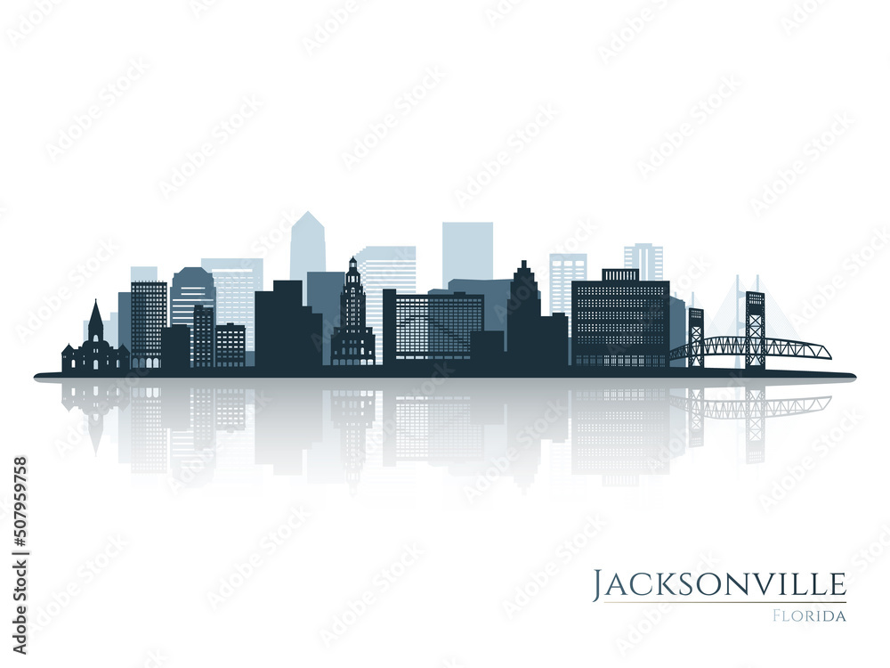 Jacksonville skyline silhouette with reflection. Landscape Jacksonville, Florida. Vector illustration.