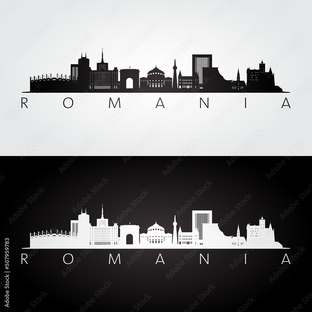 Romania skyline and landmarks silhouette, black and white design, vector illustration.