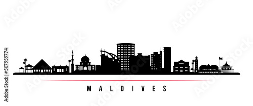 Maldives skyline horizontal banner. Black and white silhouette of Maldives. Vector template for your design.