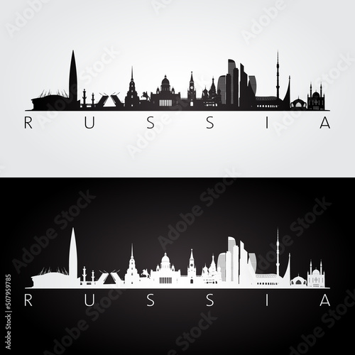 Russia skyline and landmarks silhouette, black and white design, vector illustration.