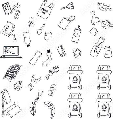 Garbage elements outline vector collection icon set