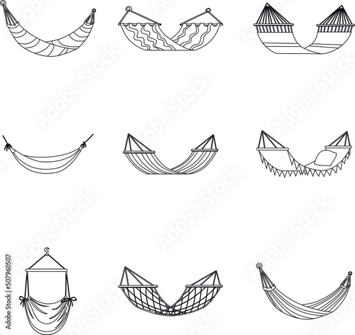 Hammocks for relaxing, swinging, sleeping, resting on beach icon outline collection set
