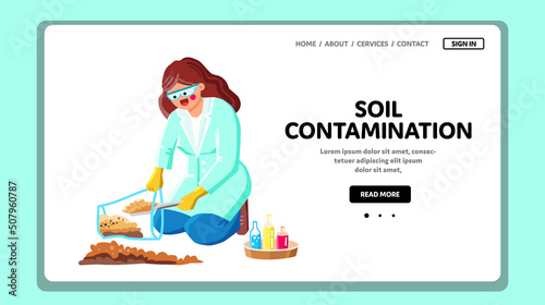 Soil Contamination Researching And Analysis Vector. Soil Contamination Analyzing Young Woman Laboratory Worker. Character Research Ground, Science Occupation Flat Cartoon Illustration