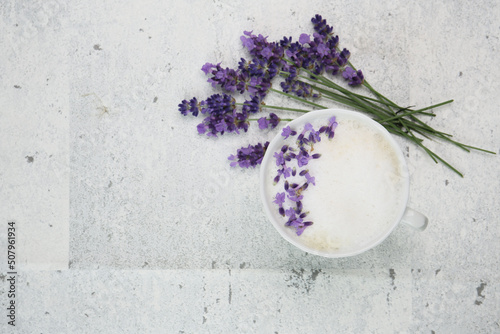 Photography English milk tea with lavender flowers, London fog drink
