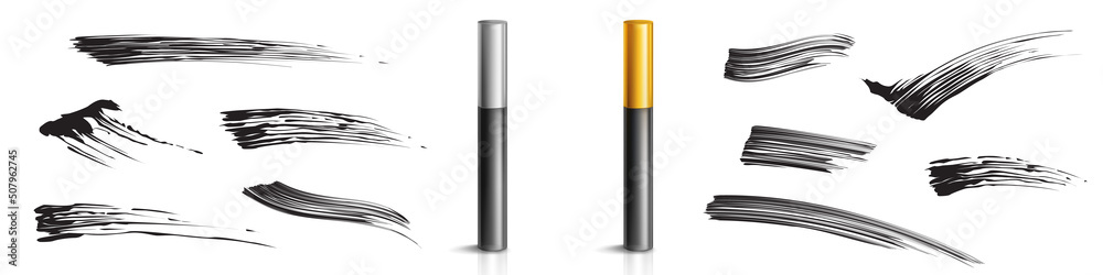 Mascara in different bottles for eyelash makeup and black smudge swatch. Vector realistic mockup of 3d cosmetics package, closed gray and golden cap container with ink for lashes or brows Mascara in different bottles for eyelash makeup and black smudge swatch. Vector realistic mockup of 3d cosmetics package, closed gray and golden cap container with ink for lashes or brows