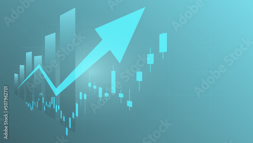 economy situation concept. Financial business statistics with bar graph and candlestick chart show stock market price and currency exchange on green background